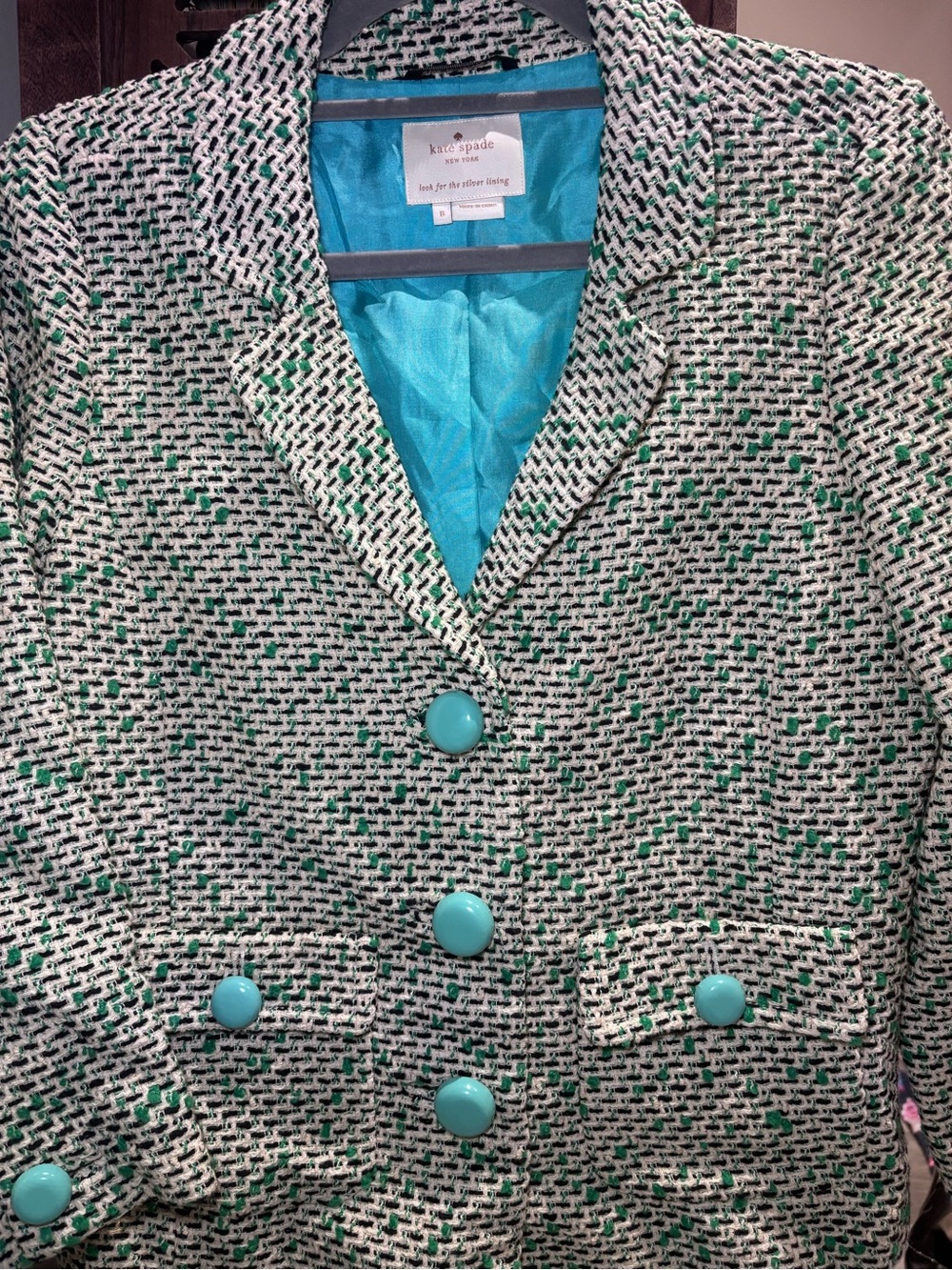 kate spade vintage 2012 Aqua-Lined Tweed Blazer with Turquoise Buttons